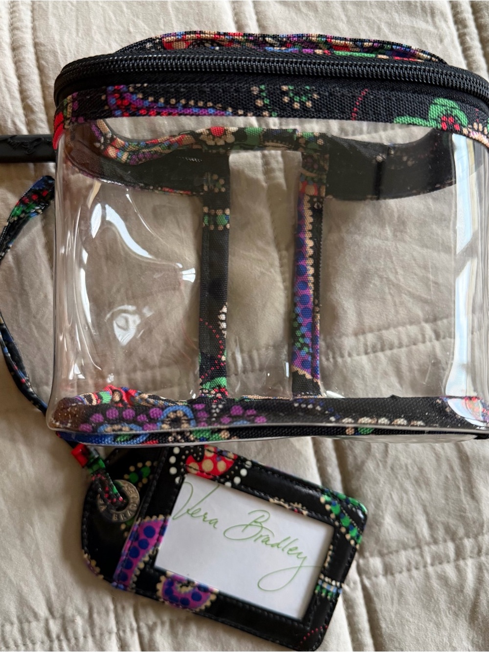 Vera Bradley Clear Travel Cosmetic Bag in Black Floral Trim and Luggage Tag